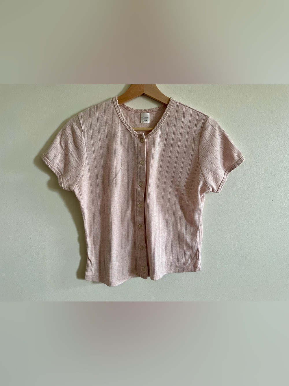 Leset Pointelle Short Sleeve Cardigan in Petal Melange, Size Medium